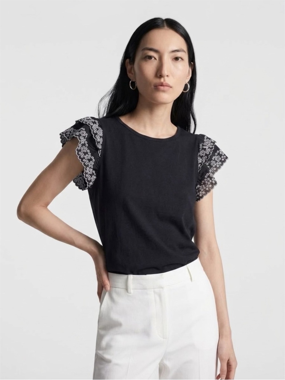 Tommy Hilfiger Black Tee with Lace Flutter Sleeves